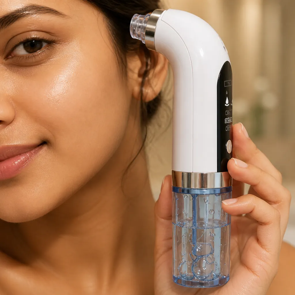 Close-up of smooth glowing skin with blackhead remover device placed elegantly beside it, soft warm lighting highlighting the healthy complexion
