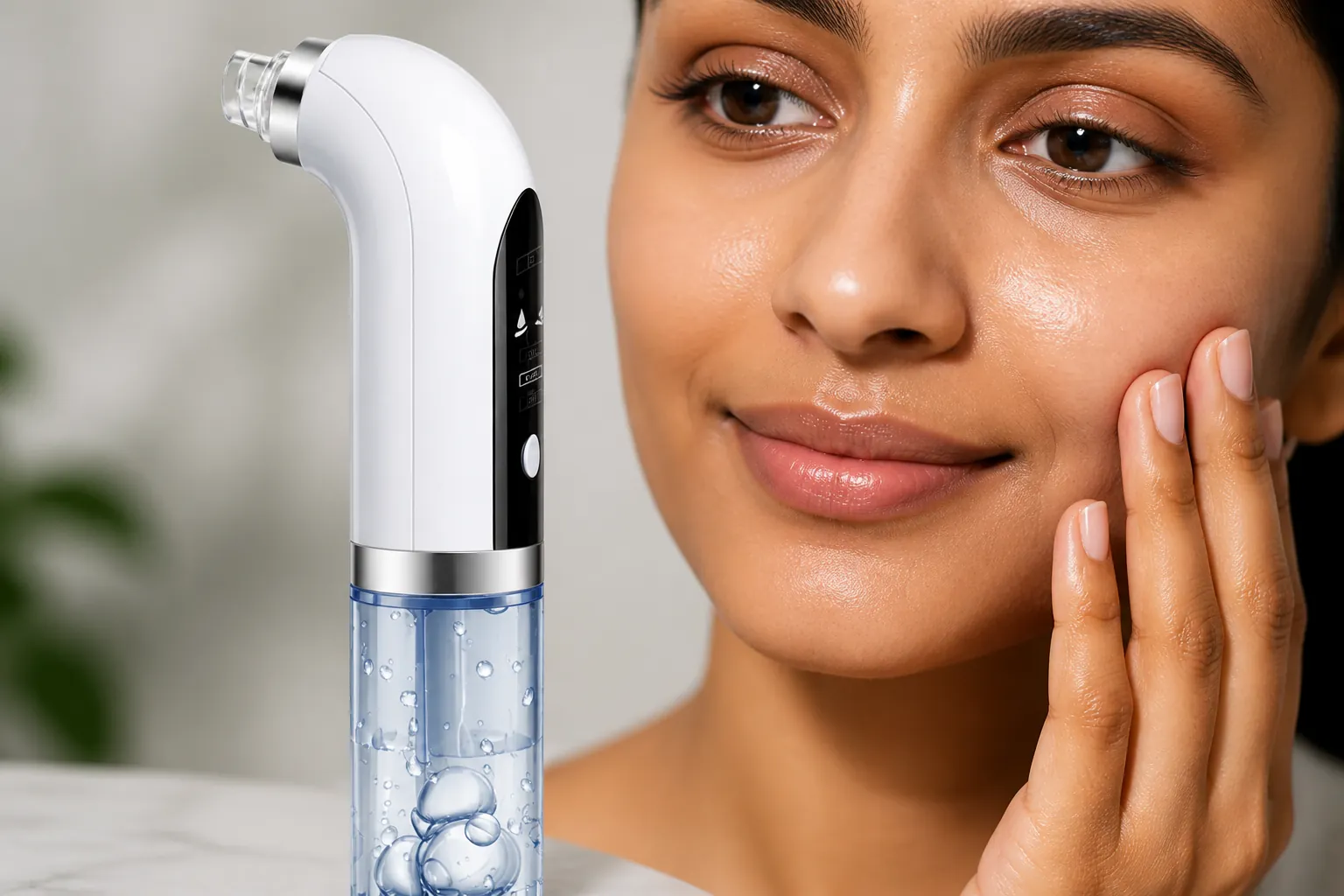 Close-up macro photograph of smooth, clear, radiant skin with minimized pores and even texture, glowing with health