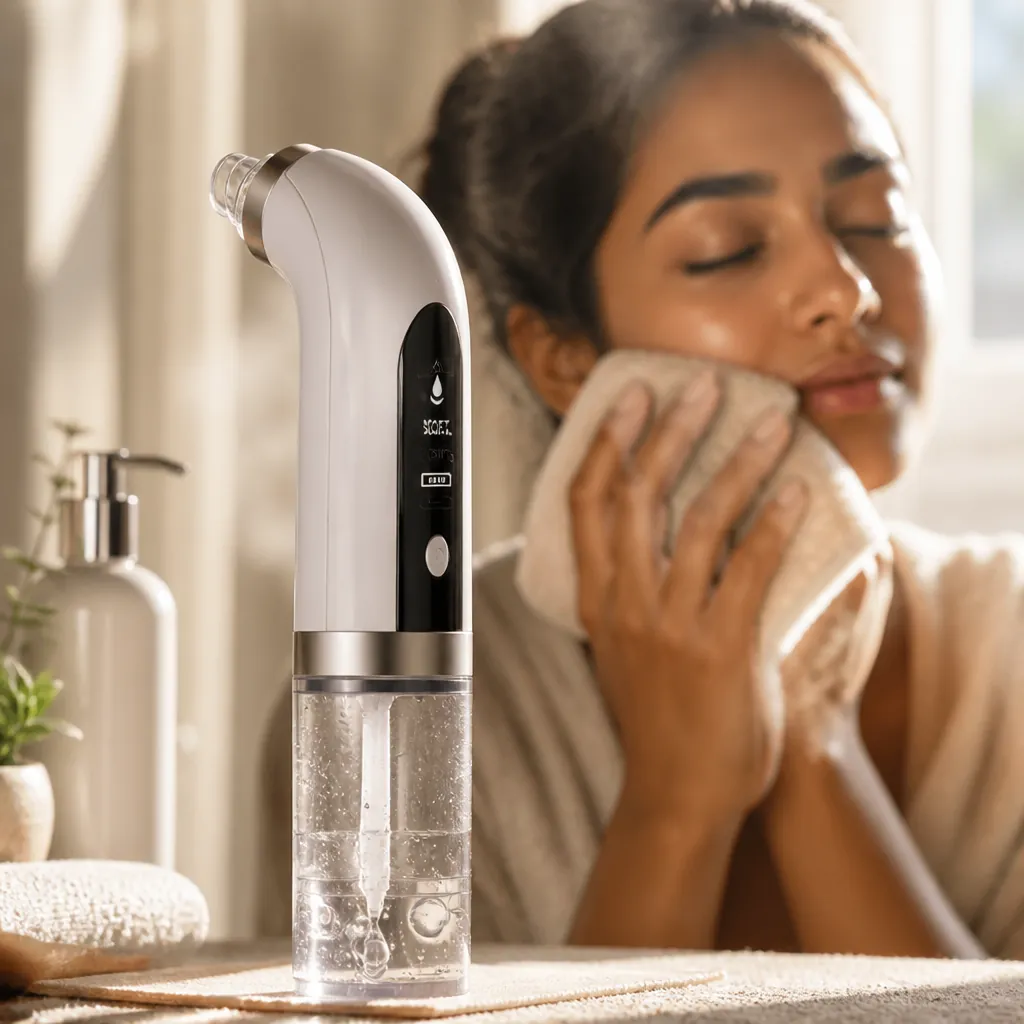 Person applying warm damp cloth to face before blackhead treatment, steam rising, relaxing expression