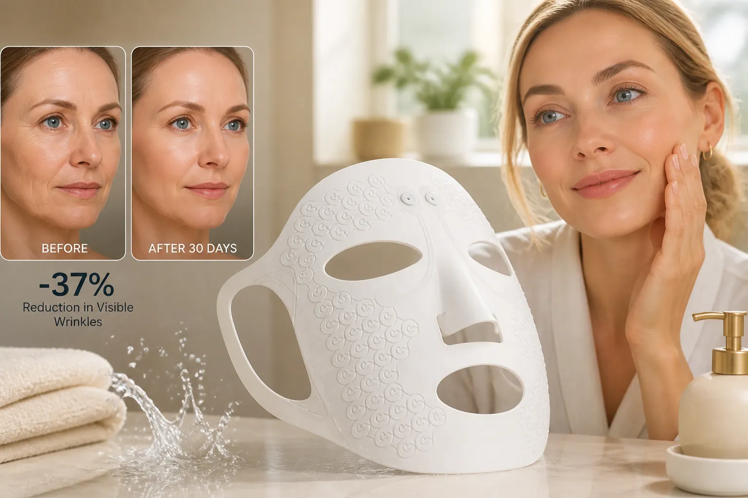 Side by side before and after photos showing significant reduction in wrinkles and improved skin radiance after 30 days of using the facial massage mask