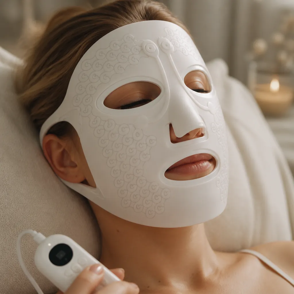 Woman relaxing with eyes closed while wearing the glowing facial mask, showing peaceful spa-like experience