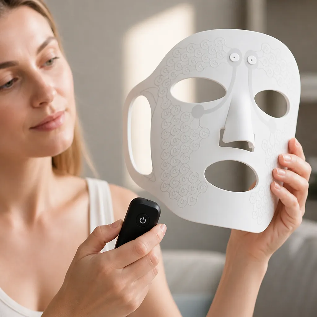Hand pressing the power button on the remote control that operates the facial massage mask device