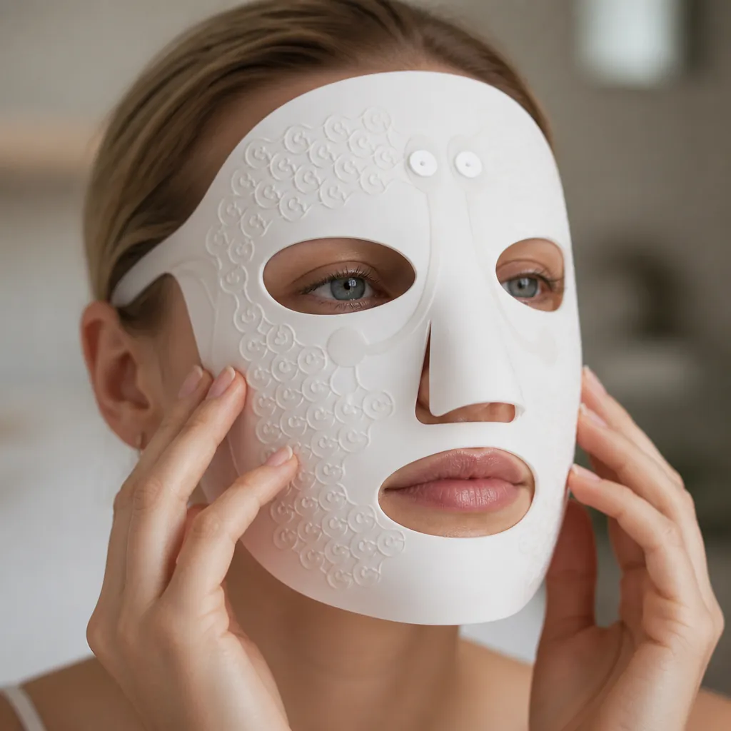 Woman placing the electric facial massage mask over her face, positioning it comfortably on cheeks and forehead