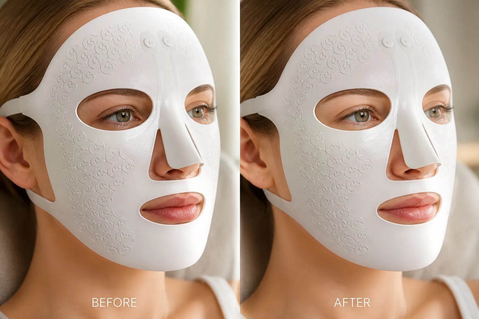Side by side before and after comparison demonstrating tighter skin, smaller pores, and enhanced glow after consistent use of the electric facial massage mask