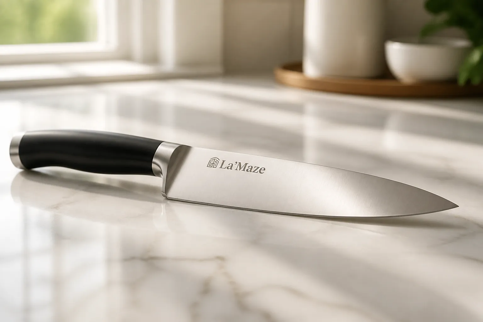 Premium razor-sharp kitchen knife with gleaming blade displayed on pristine white marble countertop with soft morning kitchen lighting