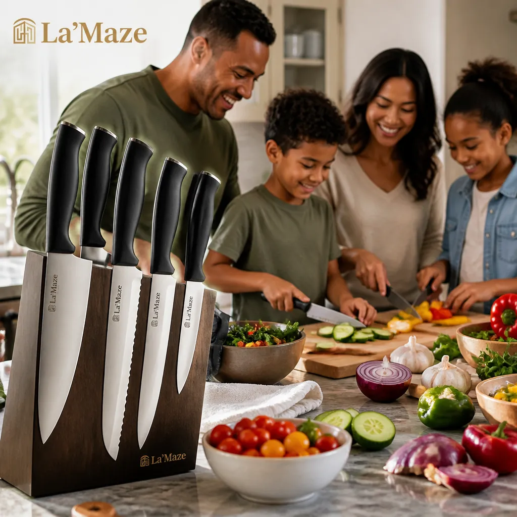 Happy family preparing dinner together in bright modern kitchen surrounded by fresh ingredients and cooking tools