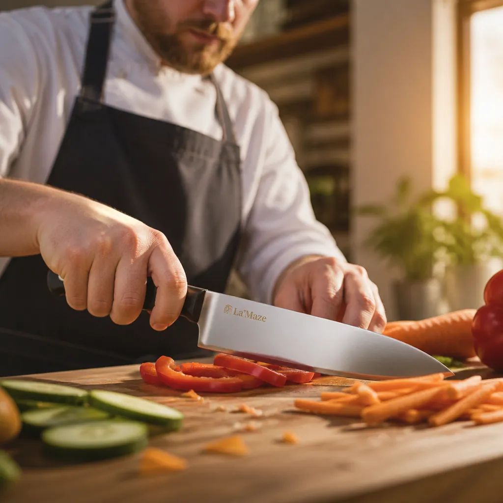 Professional chef in modern kitchen chopping fresh colorful vegetables on wooden cutting board with sharp knife in soft morning sunlight