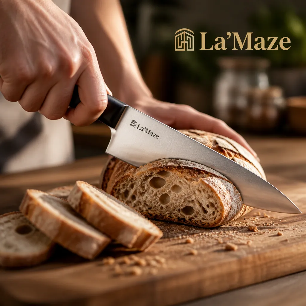 Close up of hands slicing fresh artisan bread with precision using sharp gleaming kitchen knife in warm kitchen setting