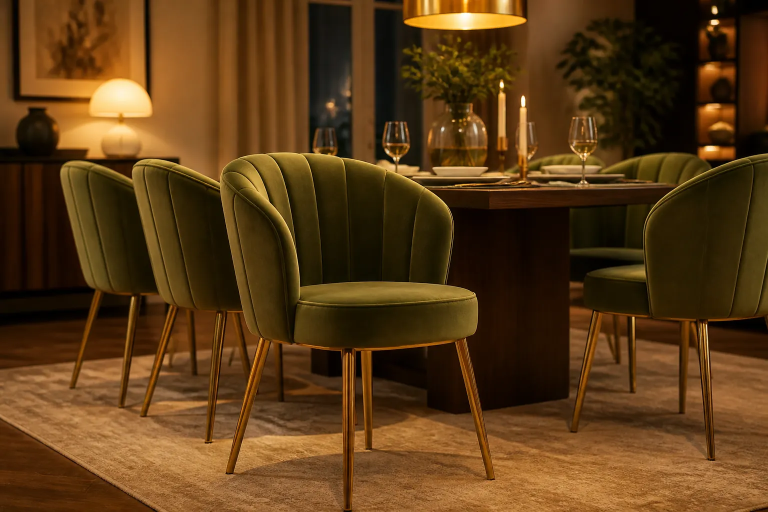 A beautifully styled modern dining room featuring the Barfi Velvet Dining Chair Set as the centerpiece, with warm ambient lighting and elegant table settings
