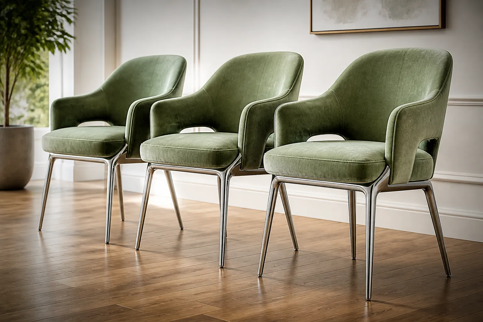 The stunning Barfi Velvet Dining Chair Set featuring luxurious sage green velvet upholstery with elegant metal legs and supportive armrests