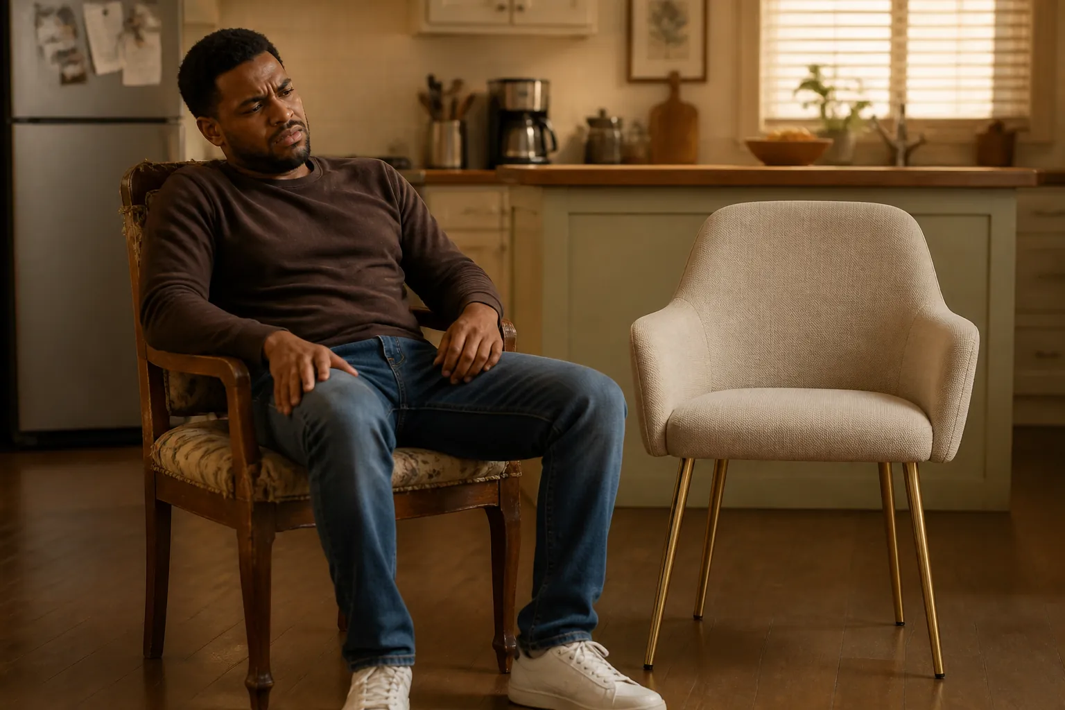 A person slouching in an old uncomfortable dining chair looking frustrated, with poor posture due to lack of support