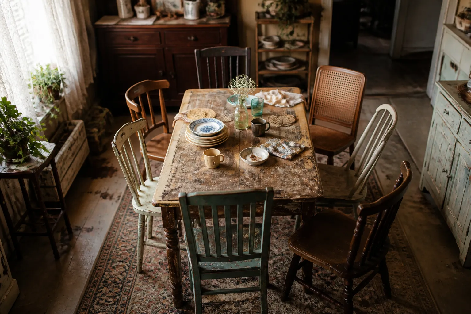 A dining area with mismatched old chairs that don't complement each other, creating visual chaos in the room