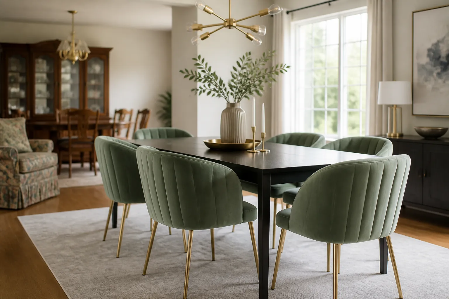 A stunning modern dining room transformation showing a dated 1990s space being updated with elegant velvet dining chairs and contemporary decor
