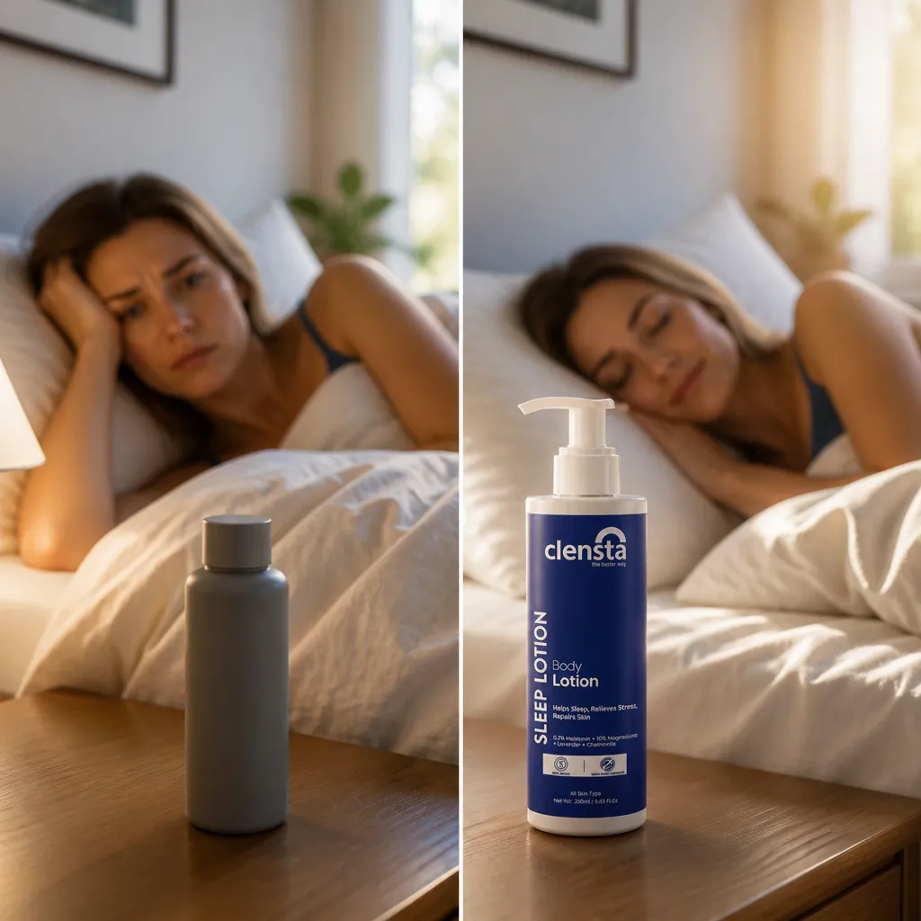 Side by side comparison of a person lying in bed awake looking frustrated at night versus the same person sleeping peacefully in the morning after using Clensta Sleep Lotion