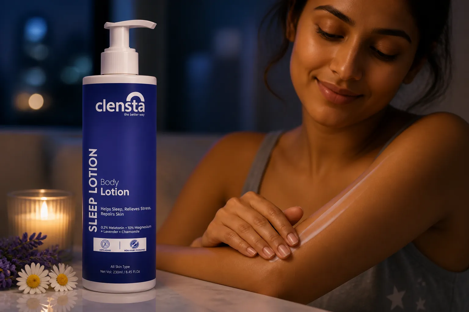 Healthy glowing skin texture with soft lighting showing overnight skincare benefits