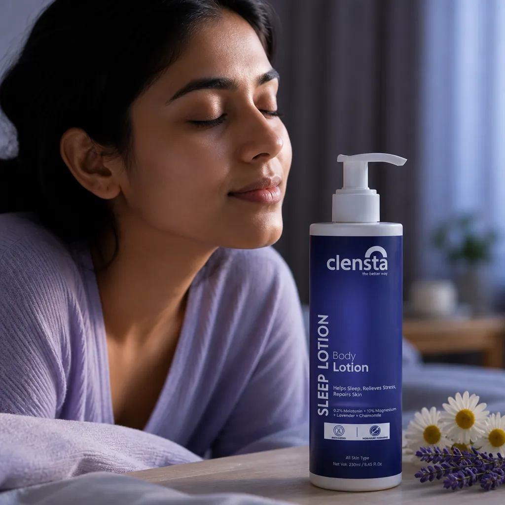 Person inhaling deeply with closed eyes in a peaceful bedroom setting