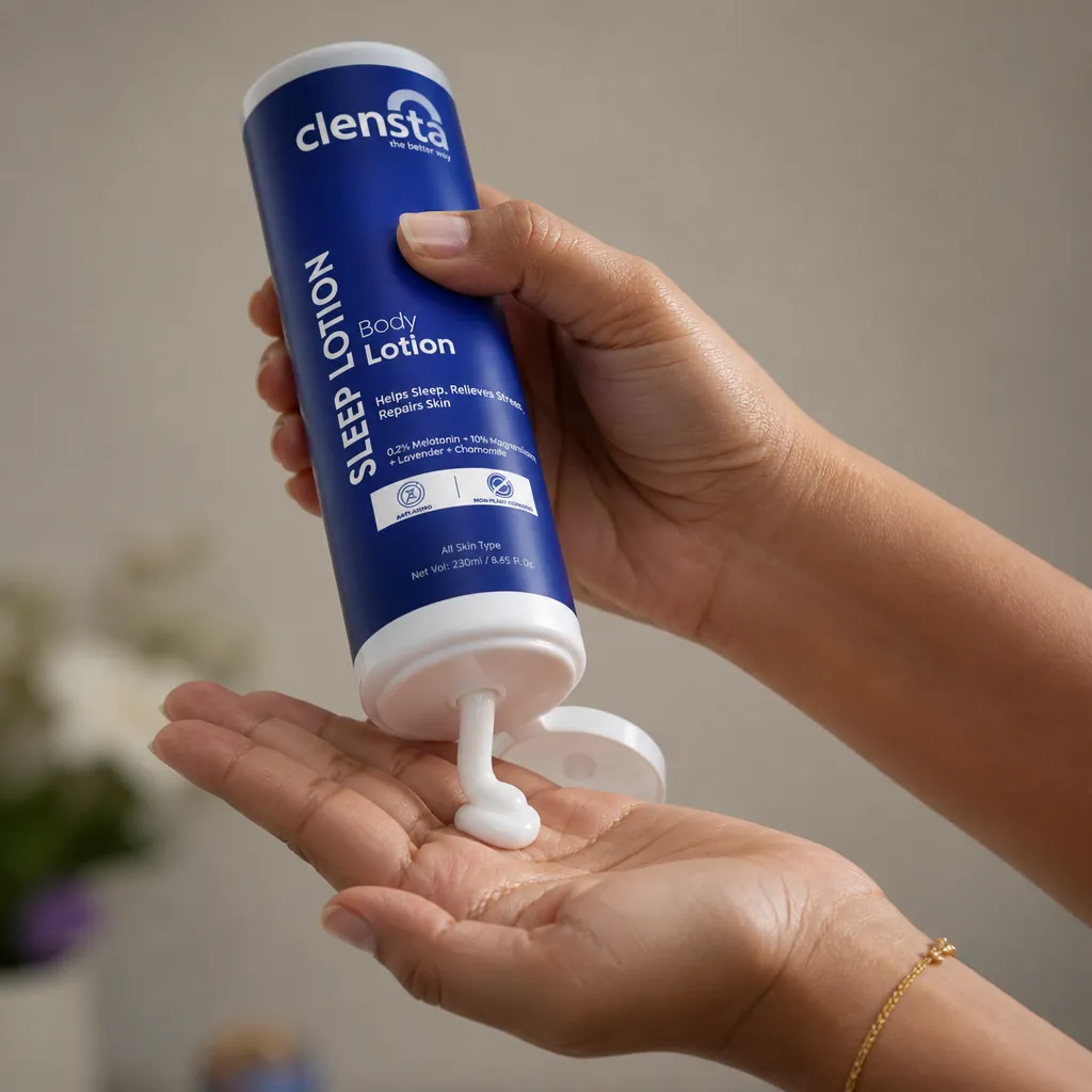 Squeeze lotion from tube onto palm showing proper product dispensing technique