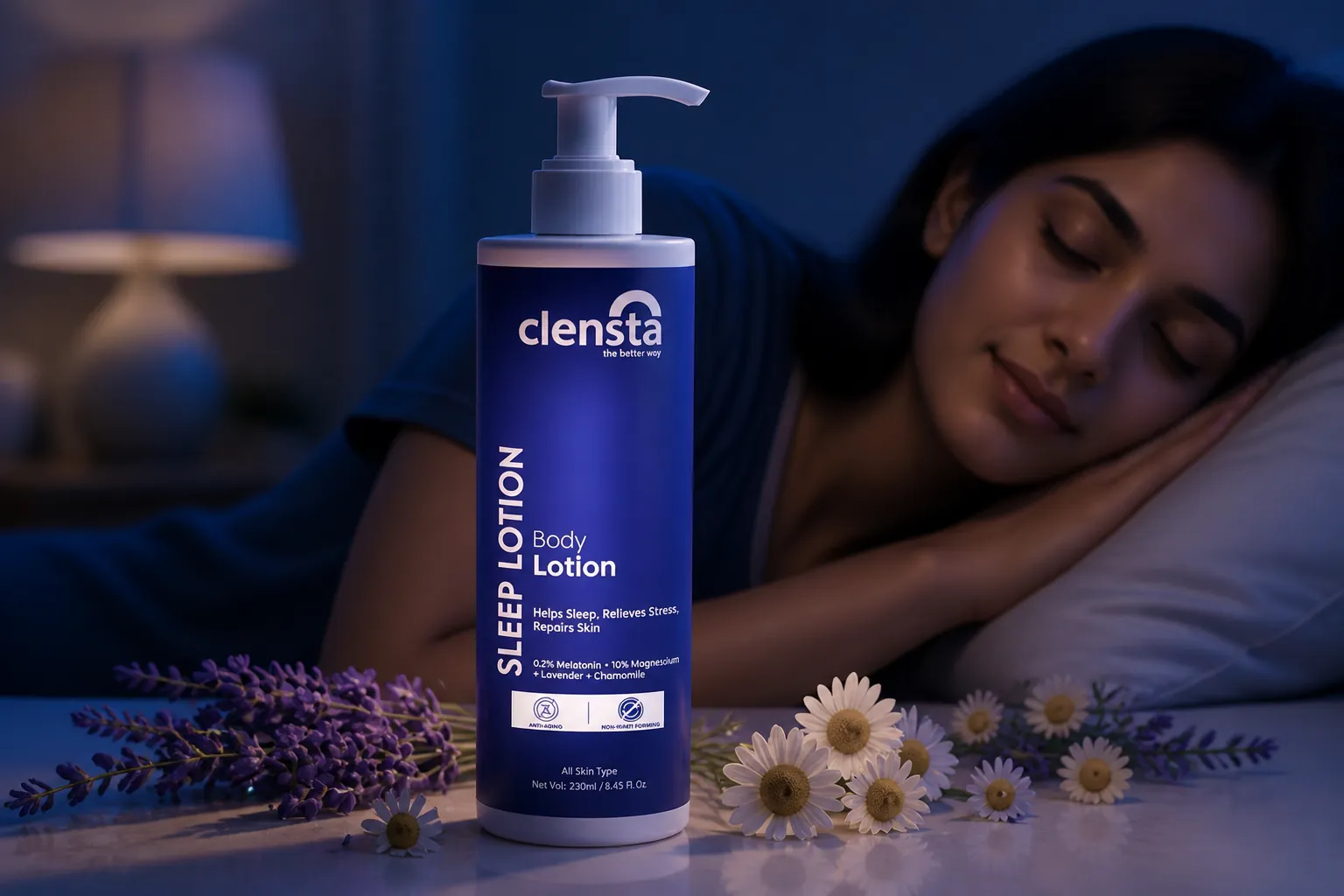Person sleeping peacefully in soft blue lighting with a peaceful expression and relaxed posture