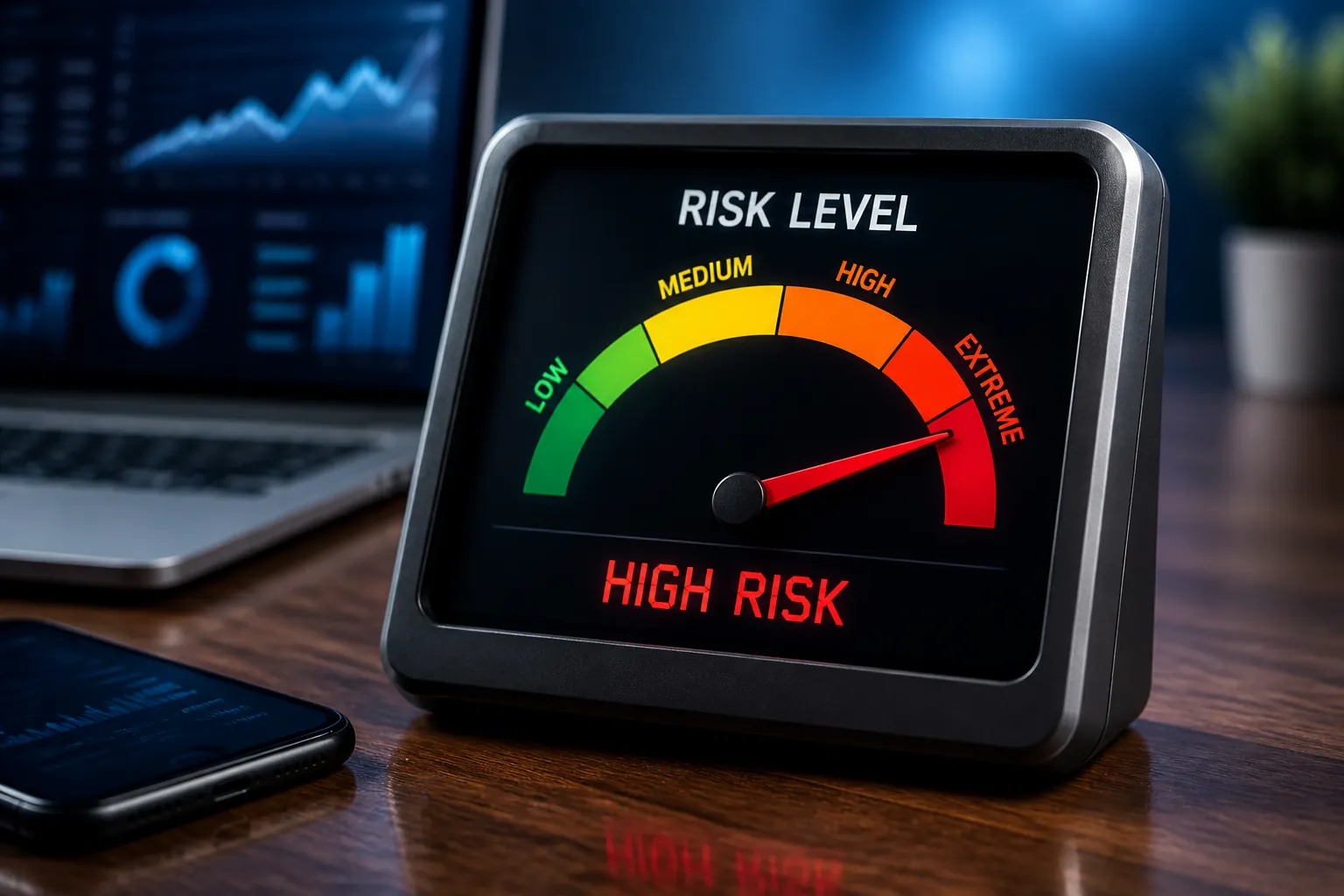 Risk meter gauge showing low to high risk levels with a needle indicator