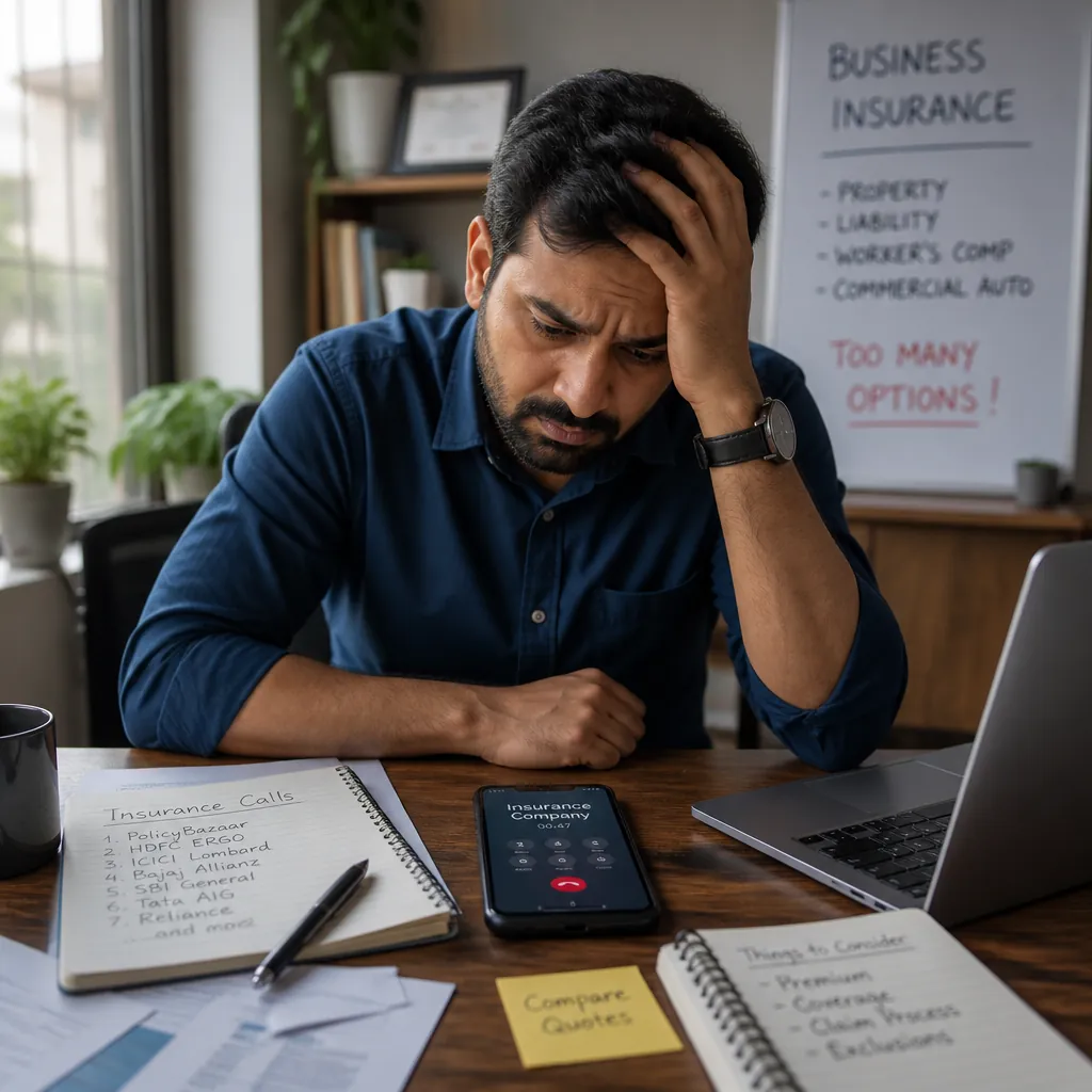Frustrated business owner stressed from calling multiple insurance companies for quotes