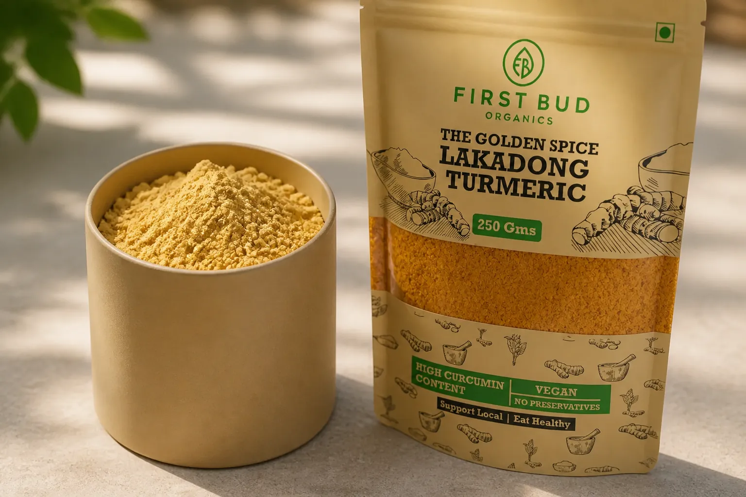 Comparison of regular pale yellow turmeric powder next to the vibrant golden Lakadong variety showing the stark color difference