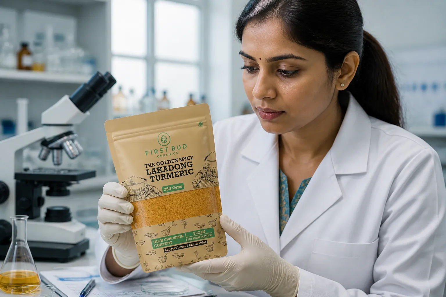Professional nutritionist in a laboratory setting analyzing Lakadong turmeric samples with modern testing equipment