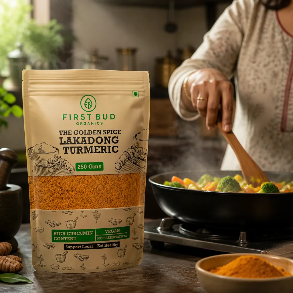 Fresh vegetables being stir-fried in a pan with golden turmeric seasoning, aromatic steam rising