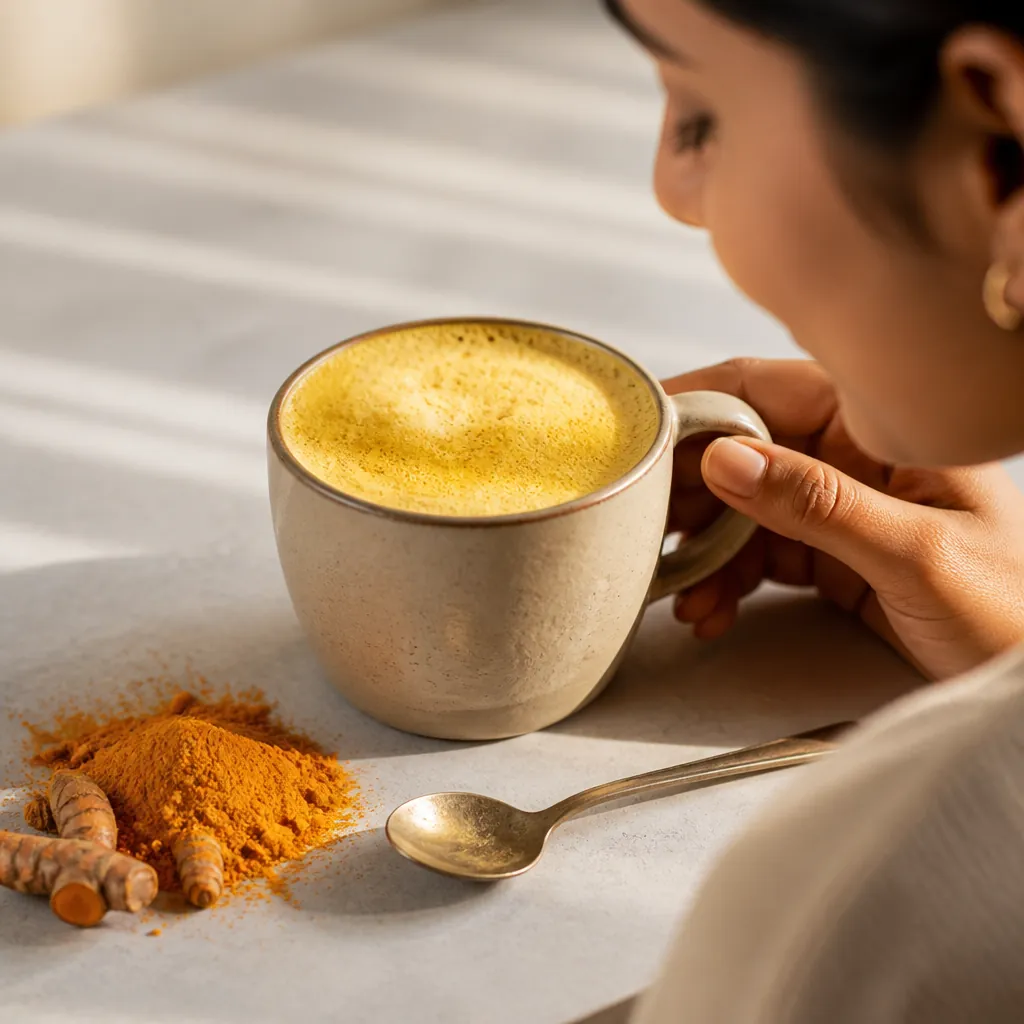 A ceramic cup of warm golden milk latte with frothy top, surrounded by golden turmeric powder and a small spoon