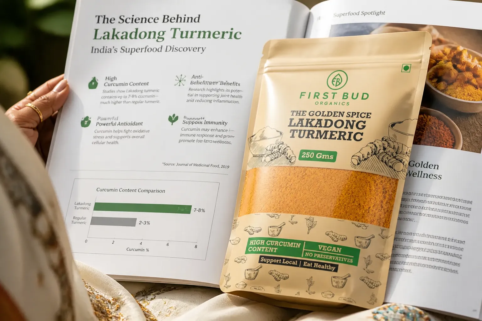 Featured article spread in a prestigious health magazine showing Lakadong turmeric highlighted as a superfood discovery with scientific data