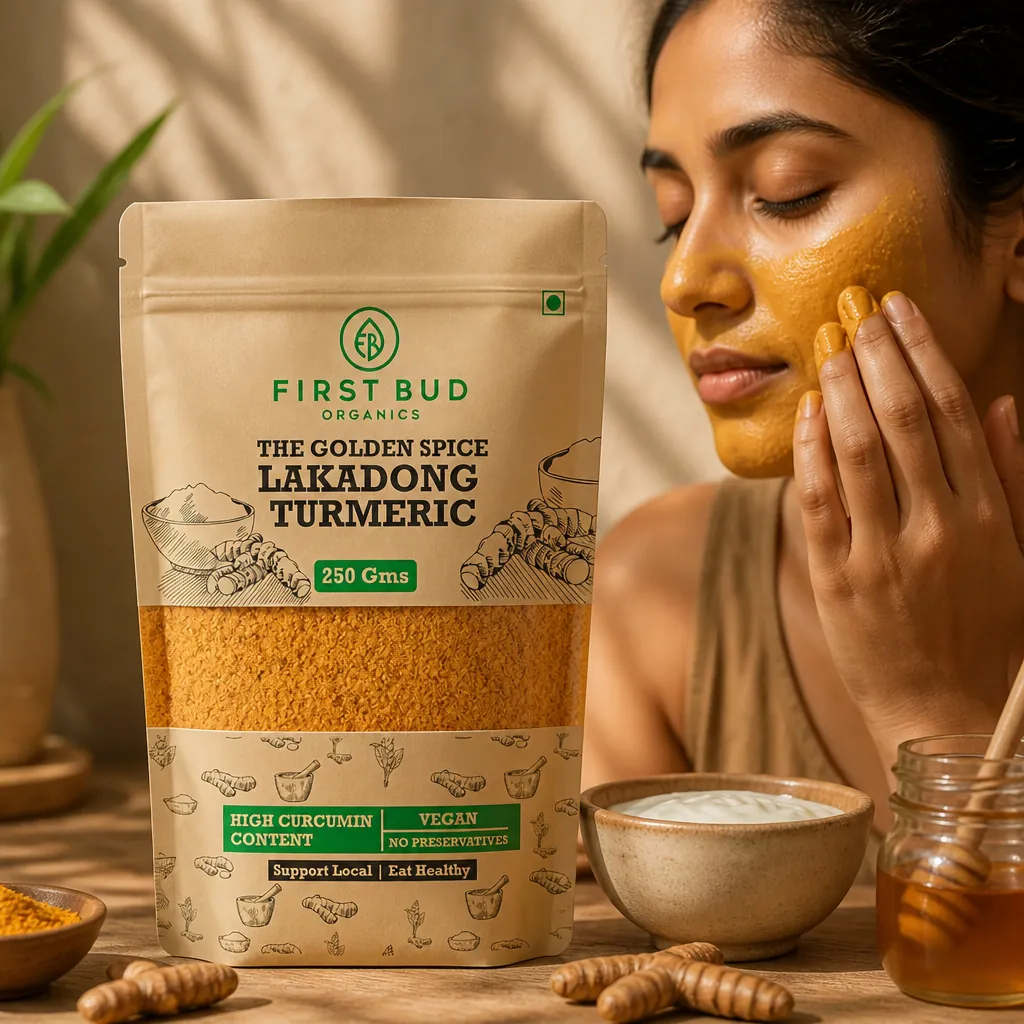 A person's hands applying a golden turmeric paste face mask, with ingredients like honey and yogurt visible
