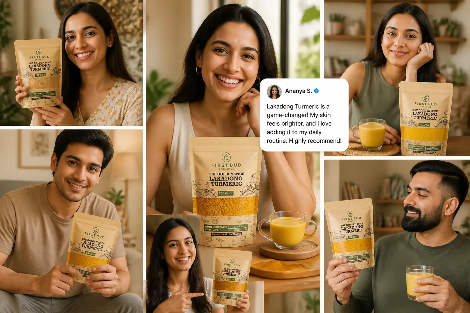 Social media collage showing health influencers and wellness advocates sharing their positive experiences with Lakadong turmeric