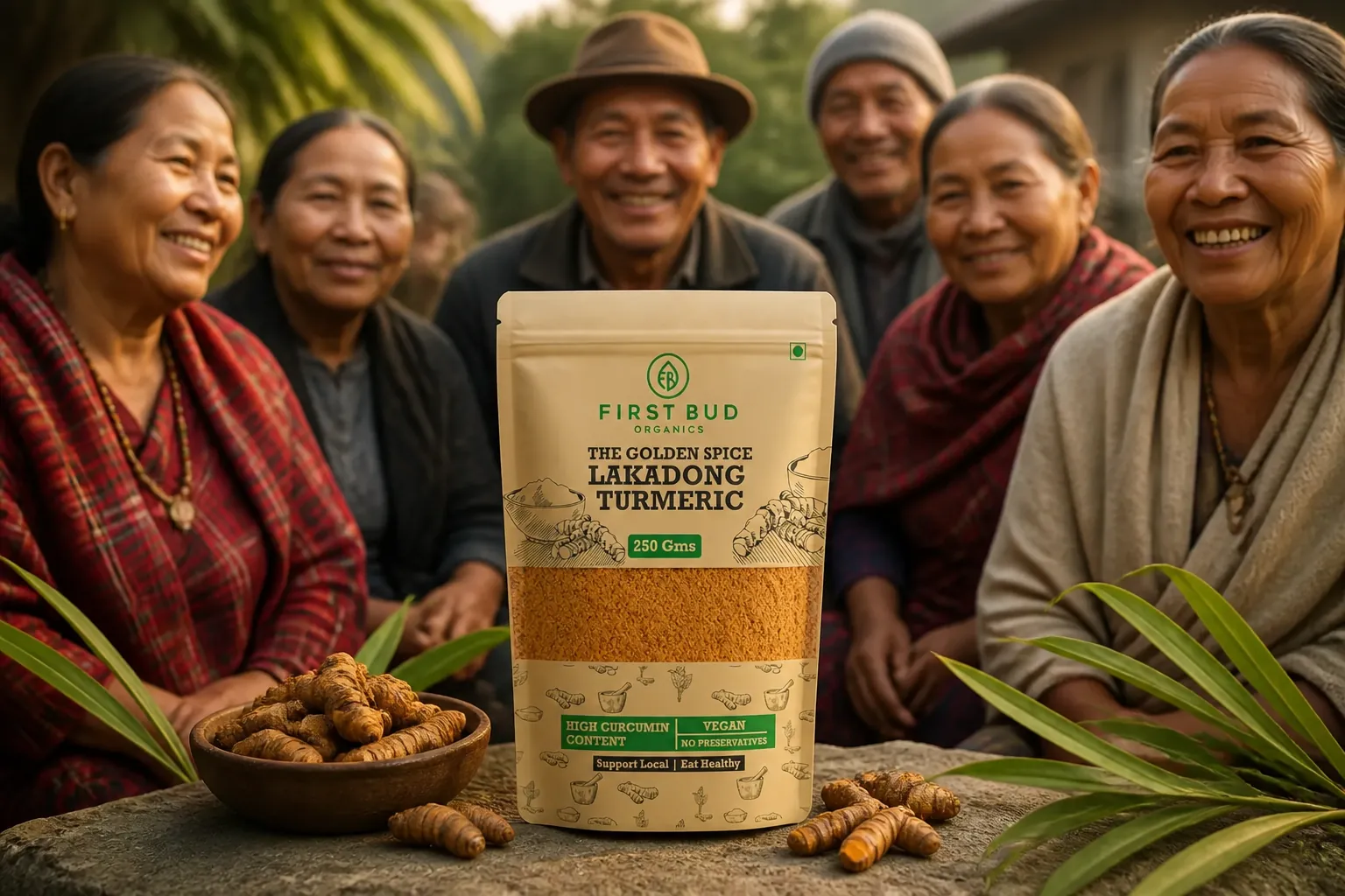 A group of healthy village elders from Meghalaya smiling warmly, with clear skin and vibrant energy, photographed in natural documentary style with soft golden-hour lighting