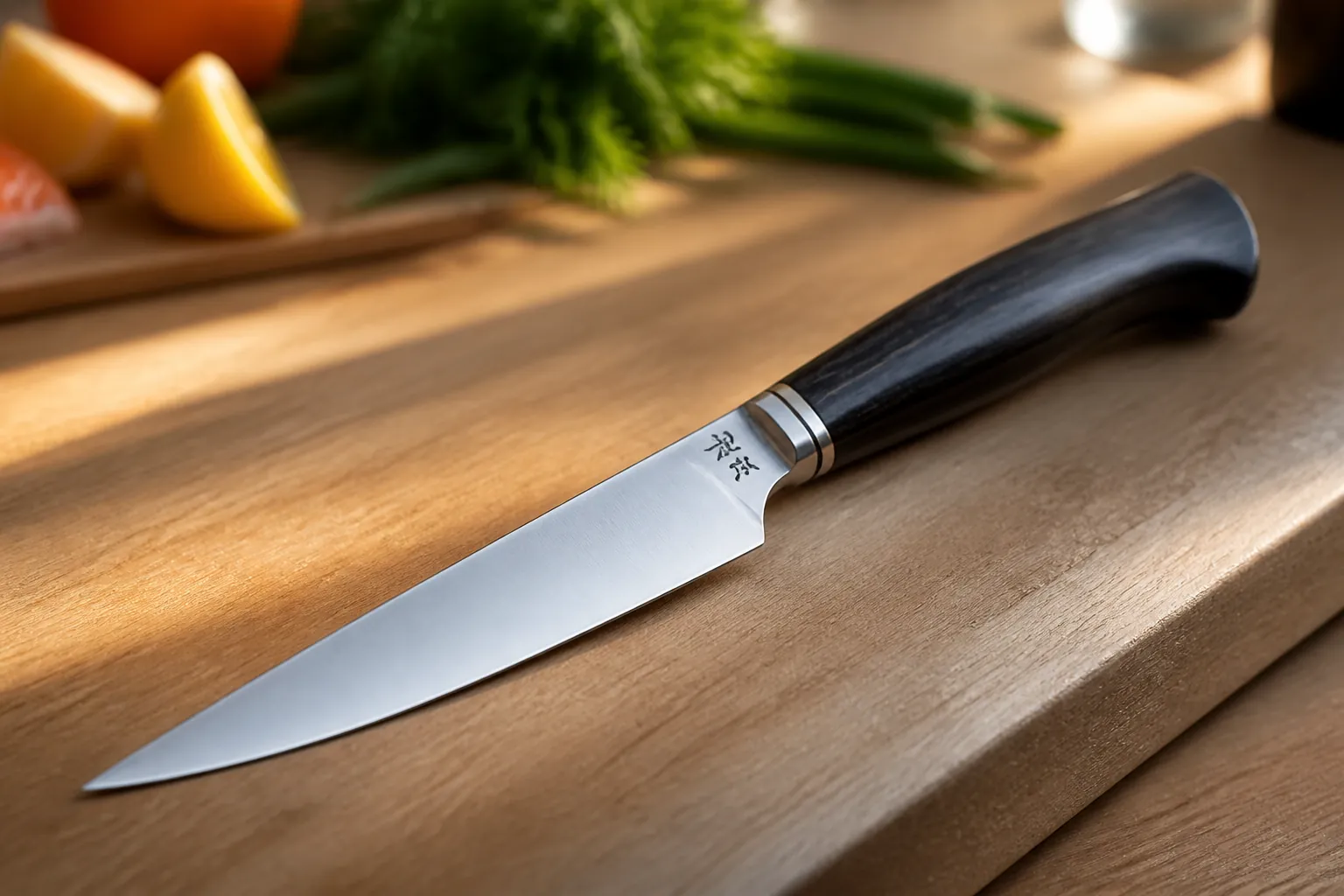 Sharp gleaming knife displayed on a clean kitchen counter with warm morning light illuminating the precision blade edge