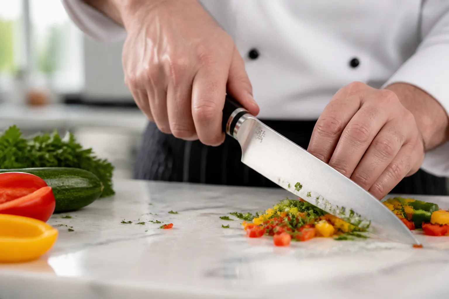 Professional chef with red handled knife chopping colorful fresh vegetables on a clean marble cutting board in a bright modern kitchen