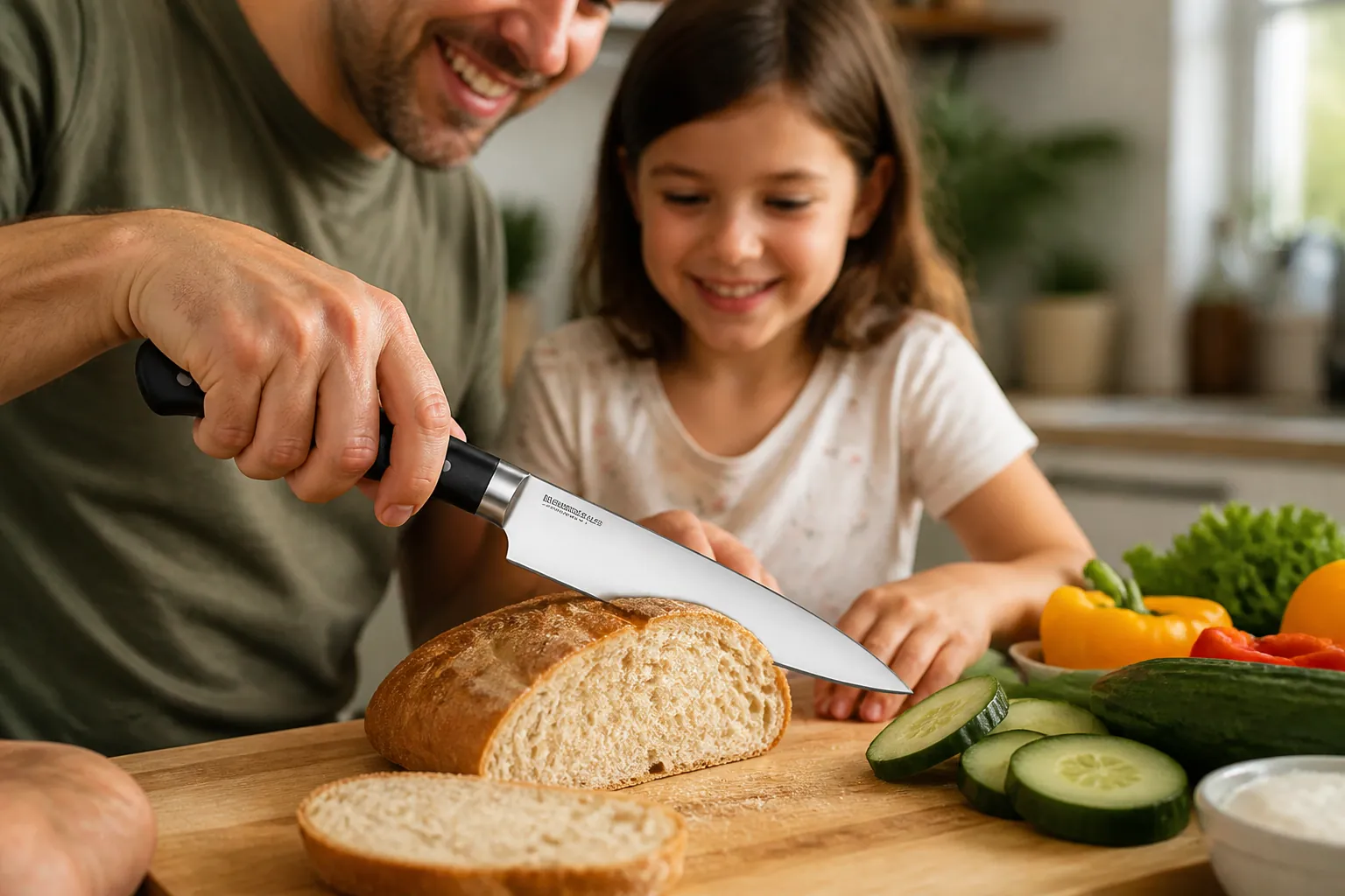 Happy family cooking together in kitchen, parent and child slicing bread and vegetables with sharp kitchen knives during weekend meal prep