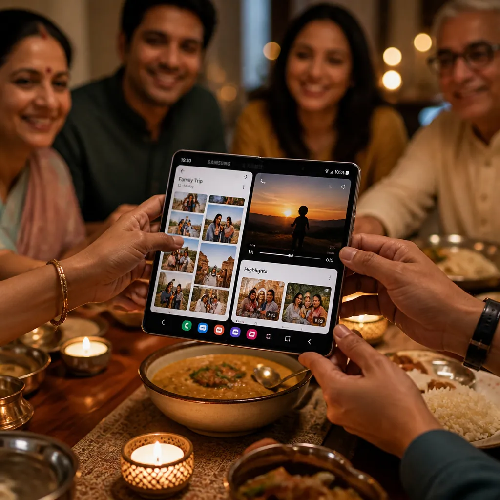 Happy Indian family gathered around dinner table sharing photos and videos on Samsung Galaxy Z Fold6, enjoying quality time together