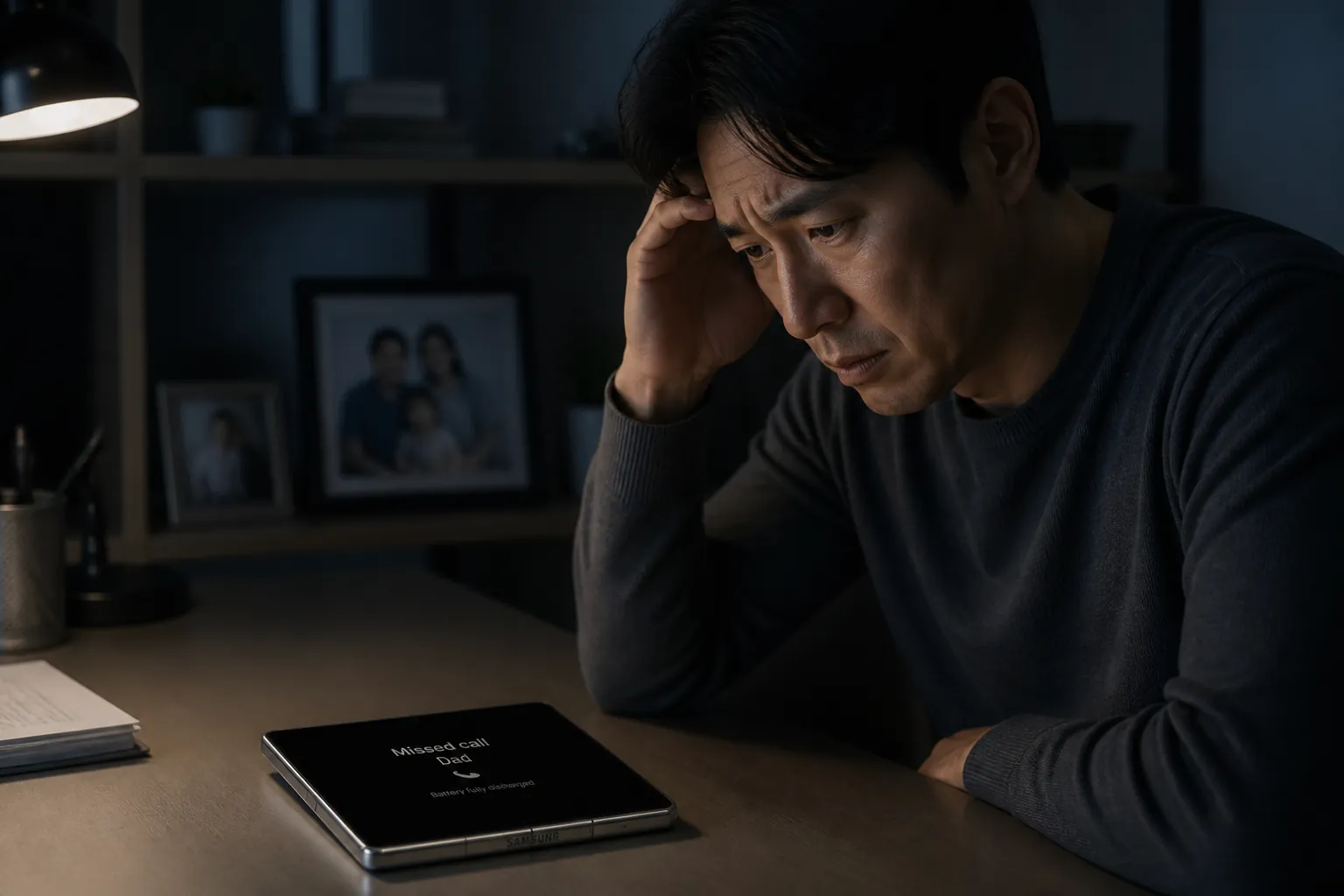 Worried person looking at a dead phone screen with missed call notification, expressing frustration about being unreachable when battery died
