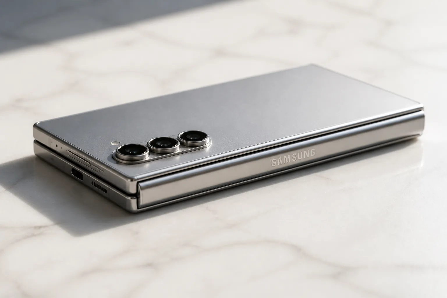 Close-up product shot of Samsung Galaxy Z Fold6 in elegant silver finish showing the premium build quality and sleek design