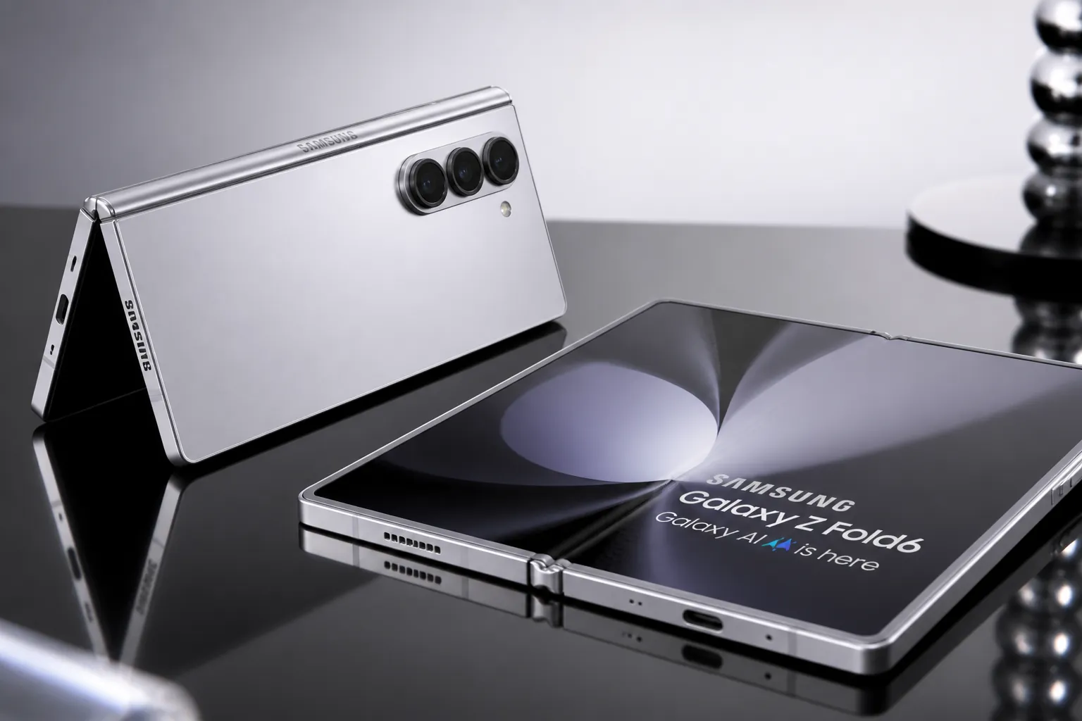Samsung Galaxy Z Fold6 folded and unfolded showing the innovative hinge mechanism and flexible display technology