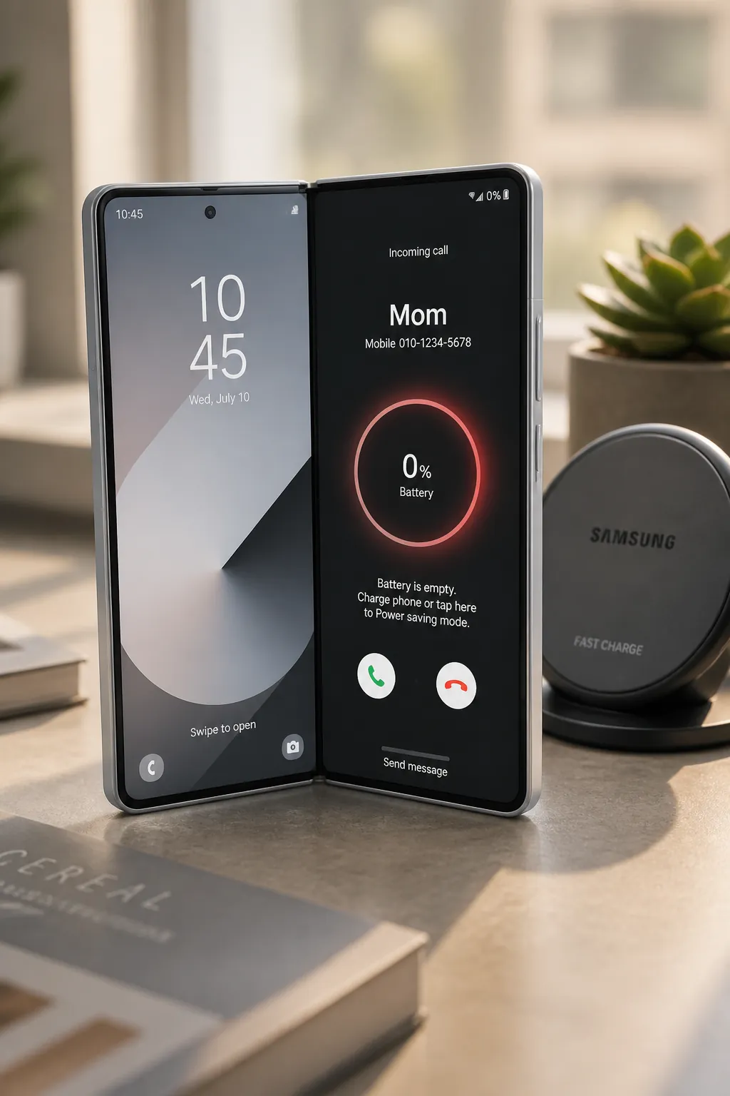 Samsung Galaxy Z Fold6 smartphone displaying 0% battery while ringing with elegant silver finish and split-screen design showcasing the innovative features