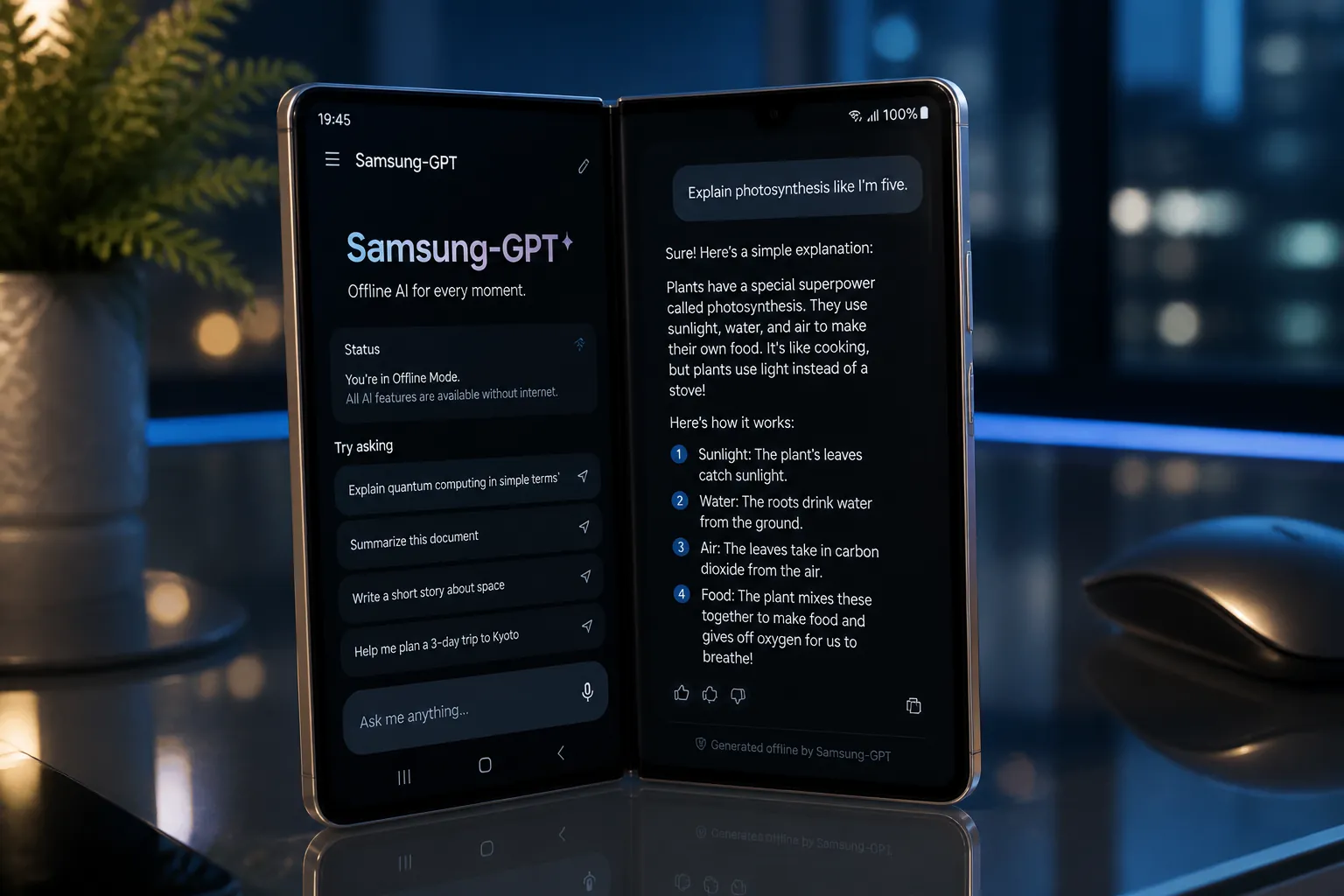 Samsung Galaxy Z Fold6 split-screen showing Samsung-GPT AI interface answering questions offline with elegant dark mode design