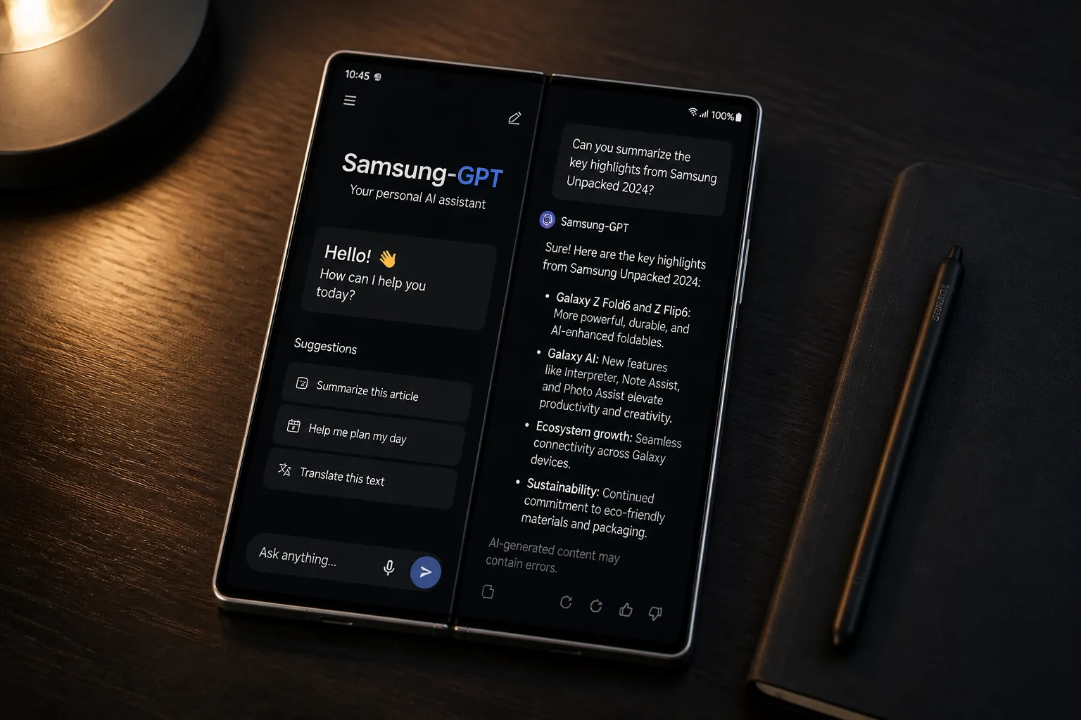 Samsung Galaxy Z Fold6 split-screen display showing Samsung-GPT AI assistant interface with elegant visual design