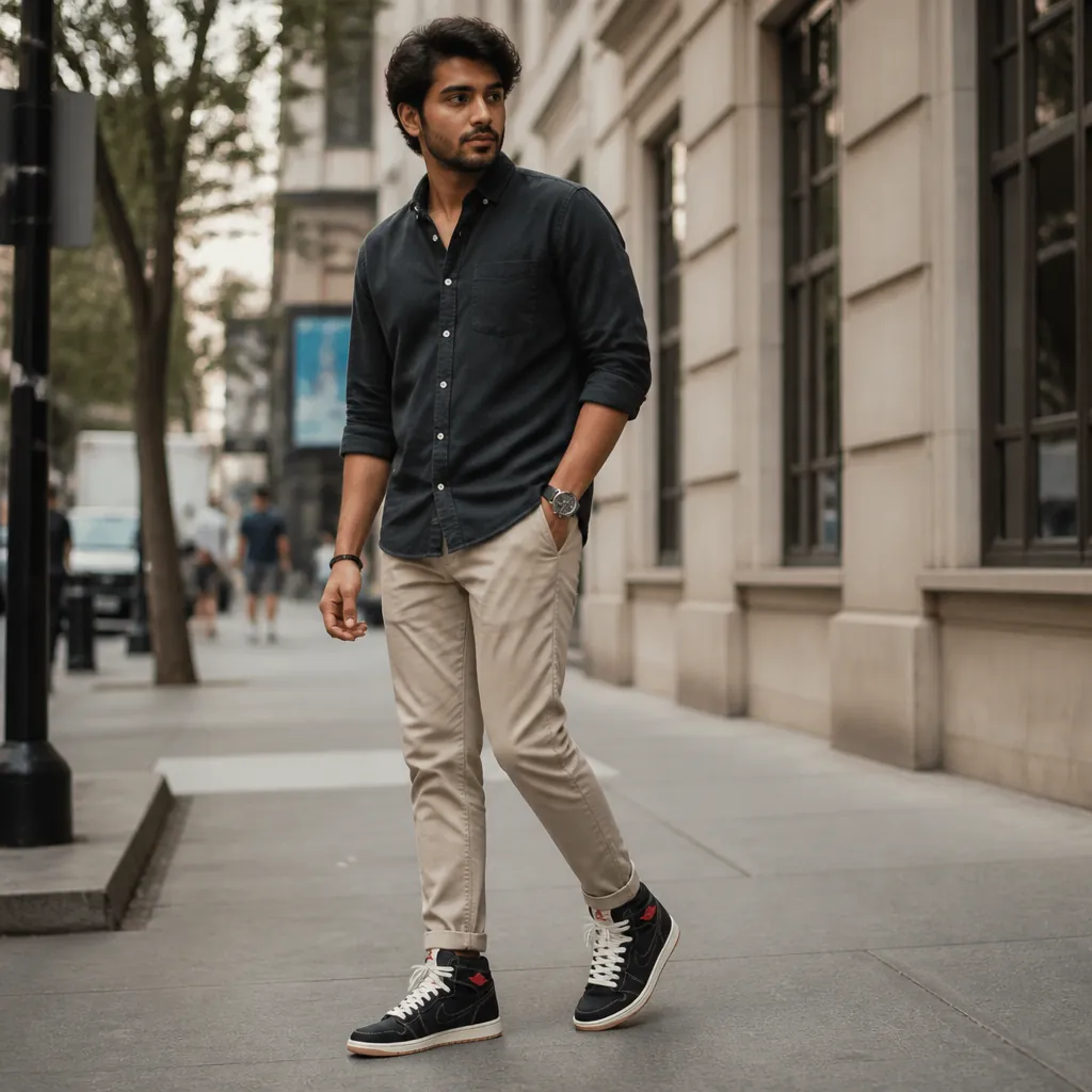 Smart casual outfit pairing the Air Jordan 1 Flight Club with chinos and a button-down shirt for a polished yet relaxed urban style