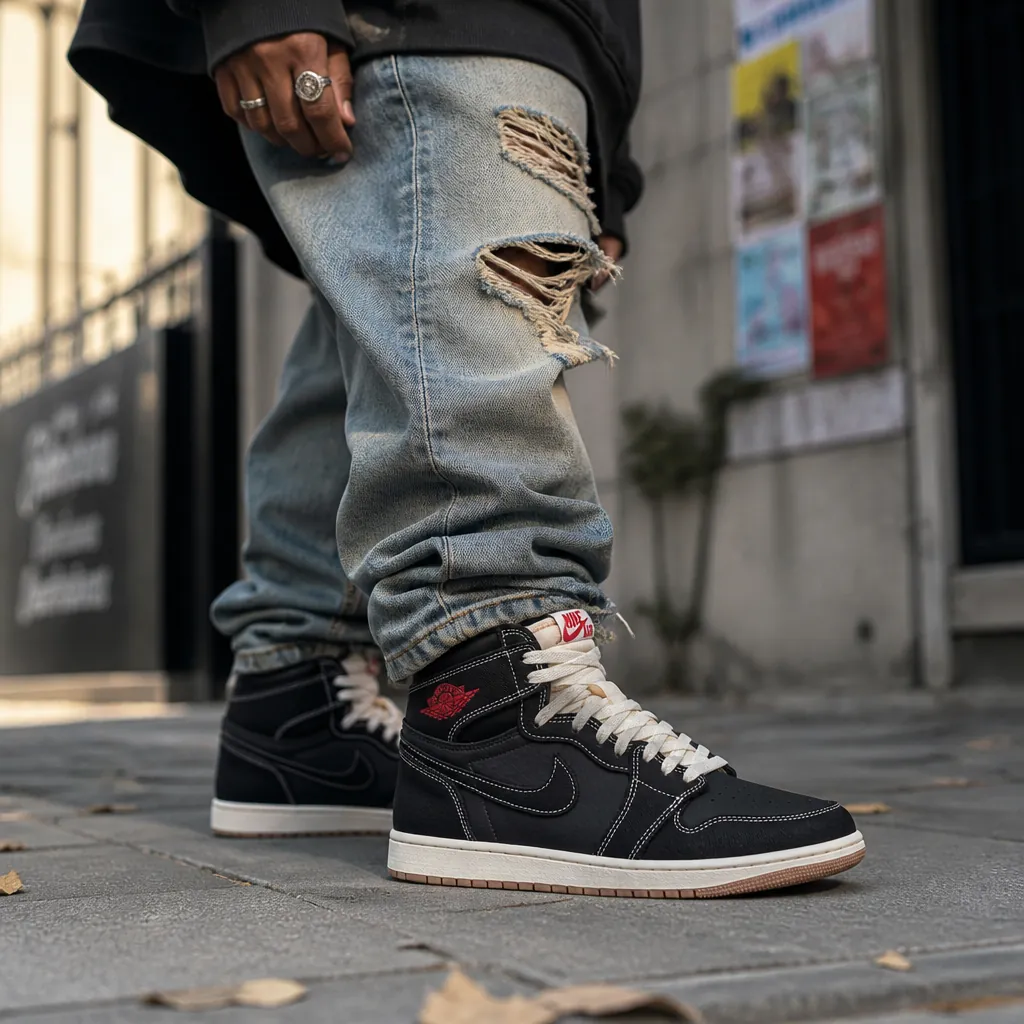 Urban streetwear style featuring a person wearing the Air Jordan 1 Flight Club with distressed jeans, oversized hoodie, and stylish accessories in a city setting