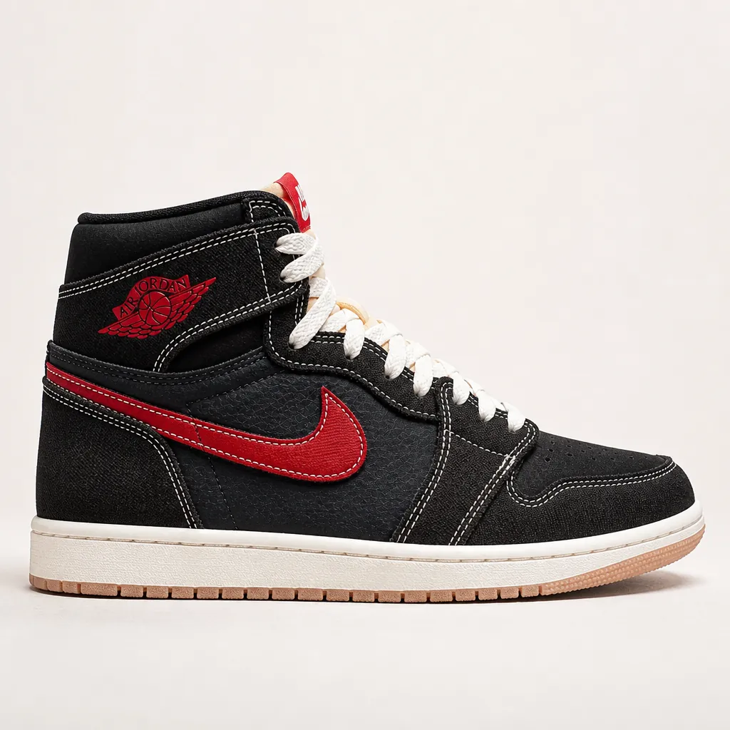 Side profile view of Air Jordan 1 High OG Flight Club showing the classic high-top silhouette with black woven textile and University Red swoosh