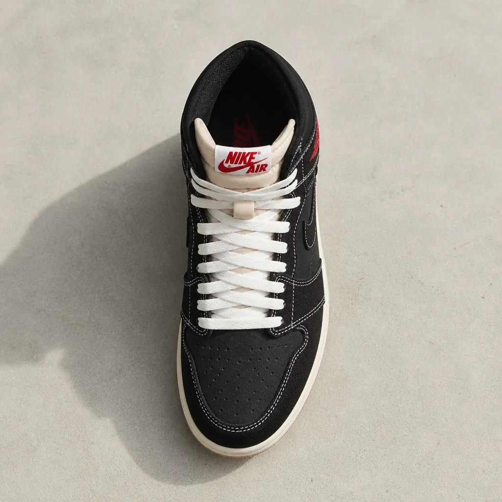 Top-down overhead view showing the black woven textile texture, white and red color blocking, and lace-up closure system