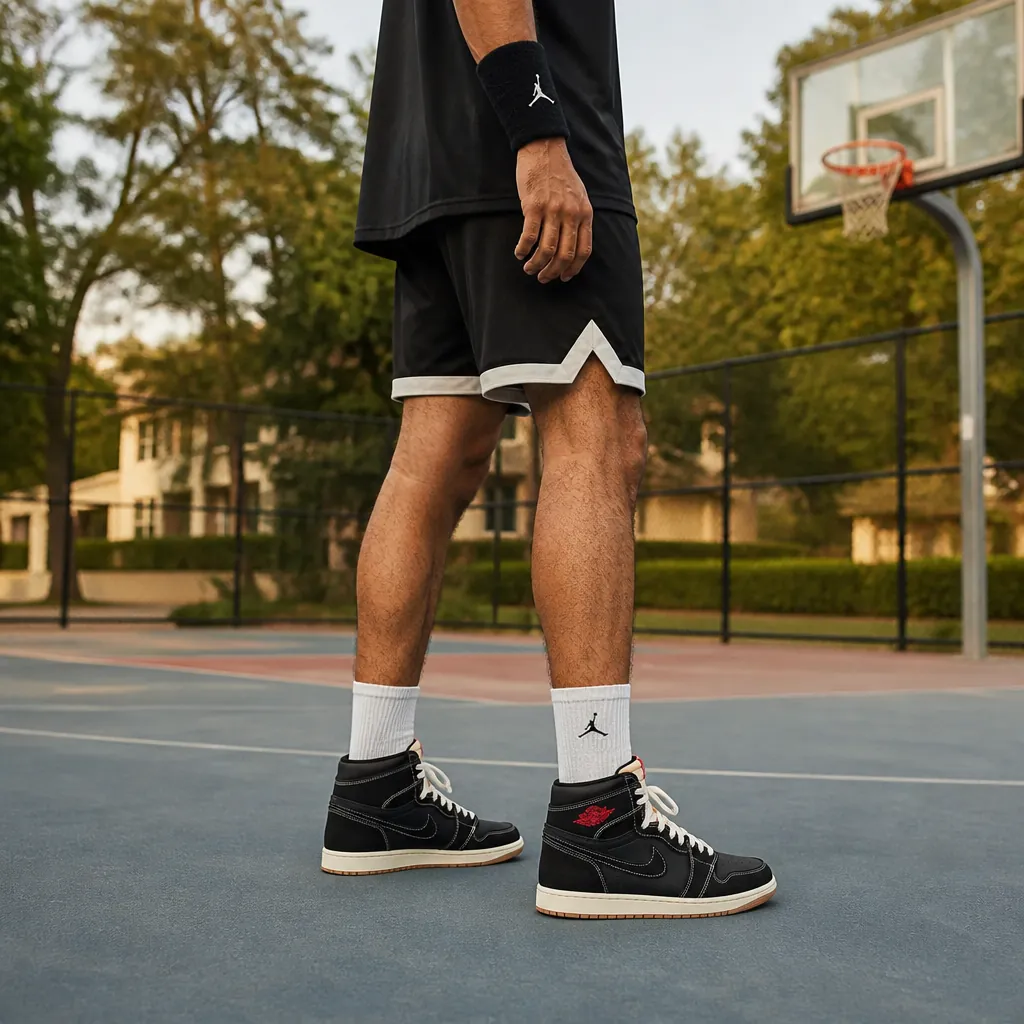 Athletic lifestyle shot of someone wearing the Air Jordan 1 Flight Club with basketball shorts, performance tee, and wristbands for an active look