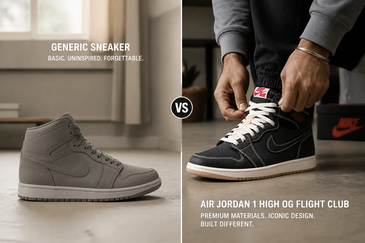 Side by side comparison showing the premium Air Jordan 1 Flight Club on the left with its black woven textile, red accents, and Air-Sole cushioning versus a generic sneaker on the right showing inferior materials and basic construction