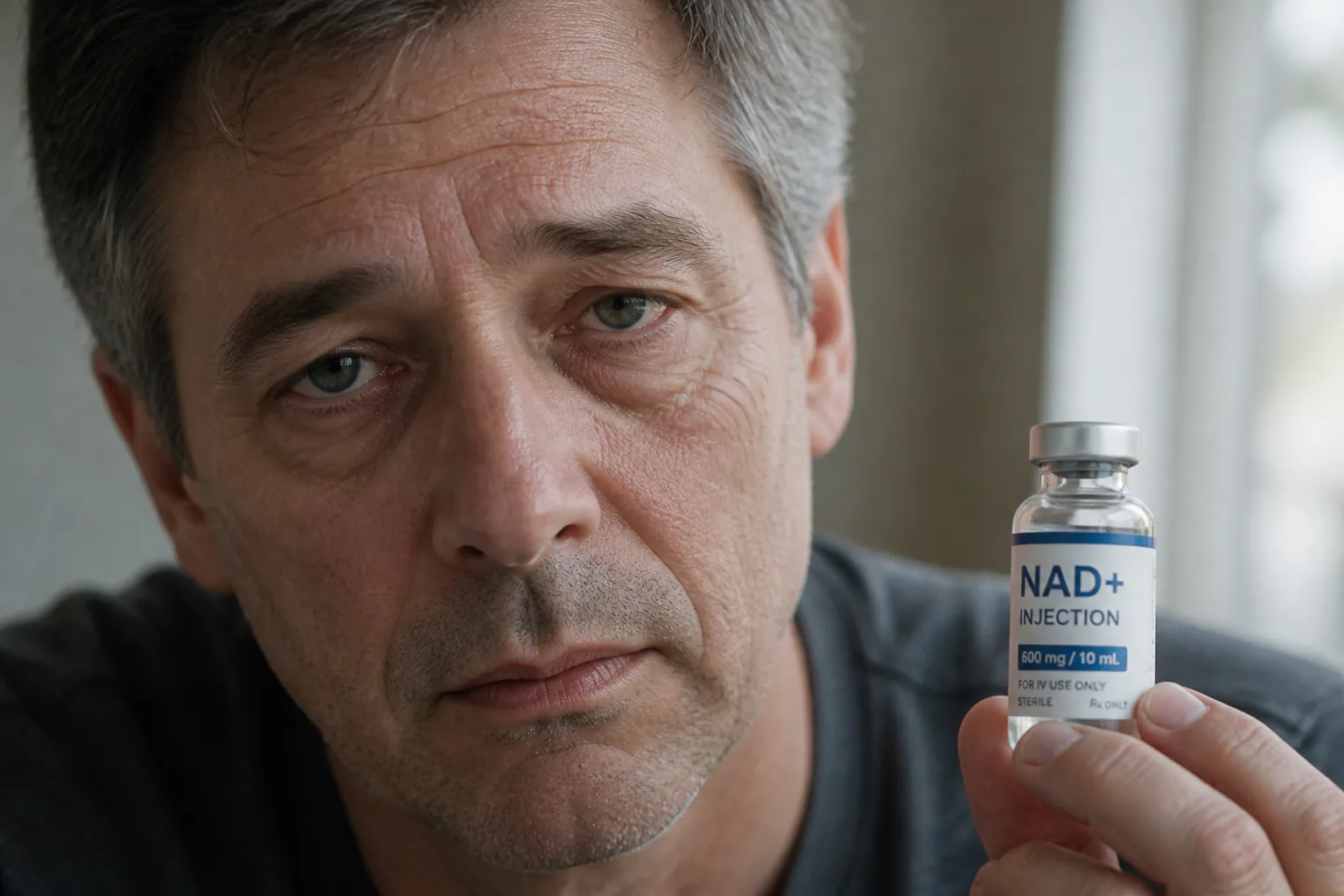 Close-up portrait showing signs of aging fatigue with tired eyes, gray temples, and weary expression in soft lighting