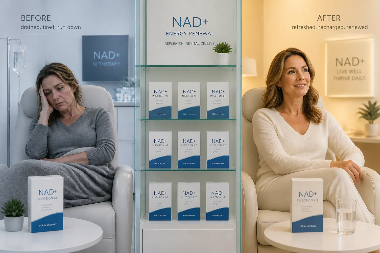 Split comparison showing exhausted person on the left transitioning to vibrant energetic person on the right, representing NAD+ transformation journey